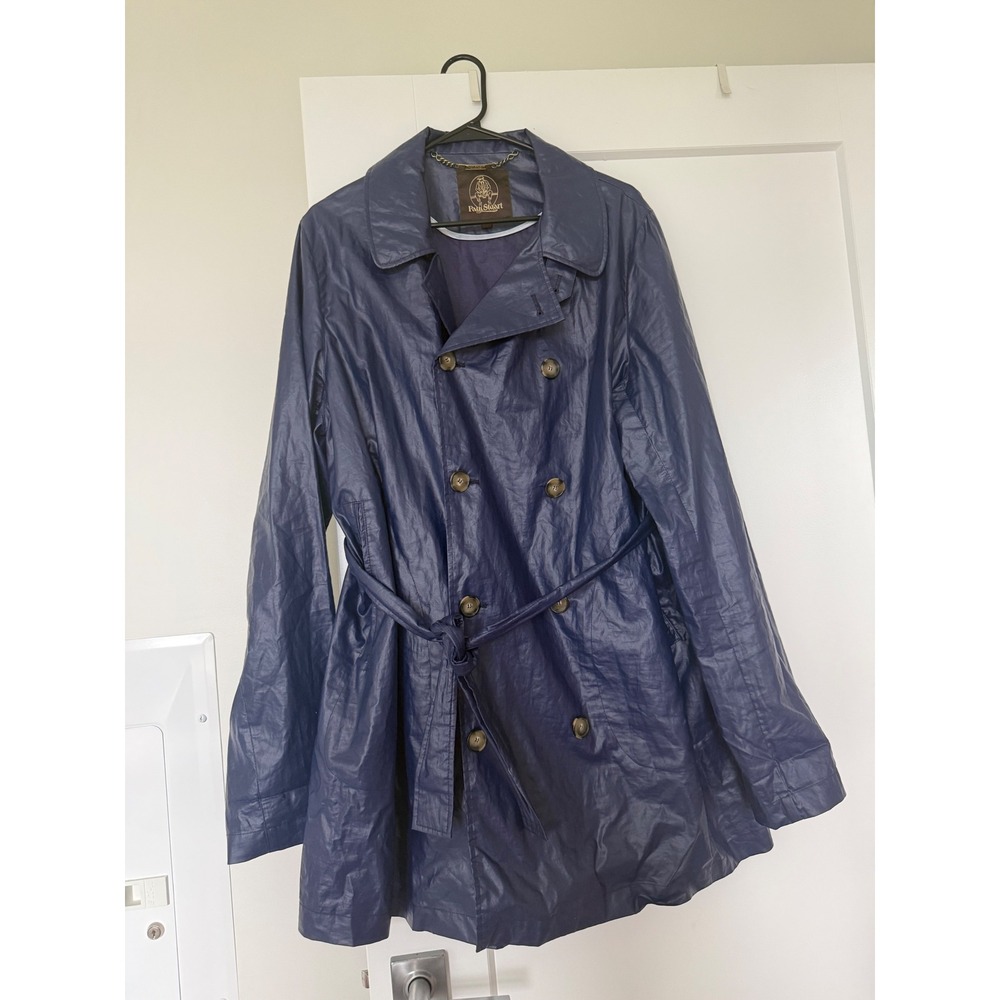 Paul Stuart Navy Blue Shiny Nylon Double-Breasted Belted Trench Coat Jacket XL